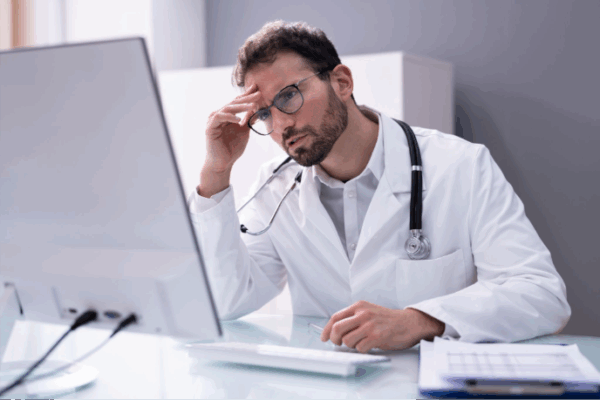 A male doctor in a lab coat sitting at a desk, looking overwhelmed with his hand on his head.